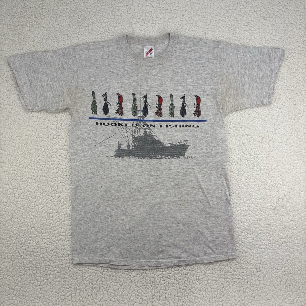 Vtg Jerzees Hooked on Fishing Lure T-Shirt Mens L Grey Single Stitch Made in USA